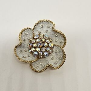 Flower Design Brooch Pin Auroro Borealis AB Crystals Rhinestones Enamel Gold